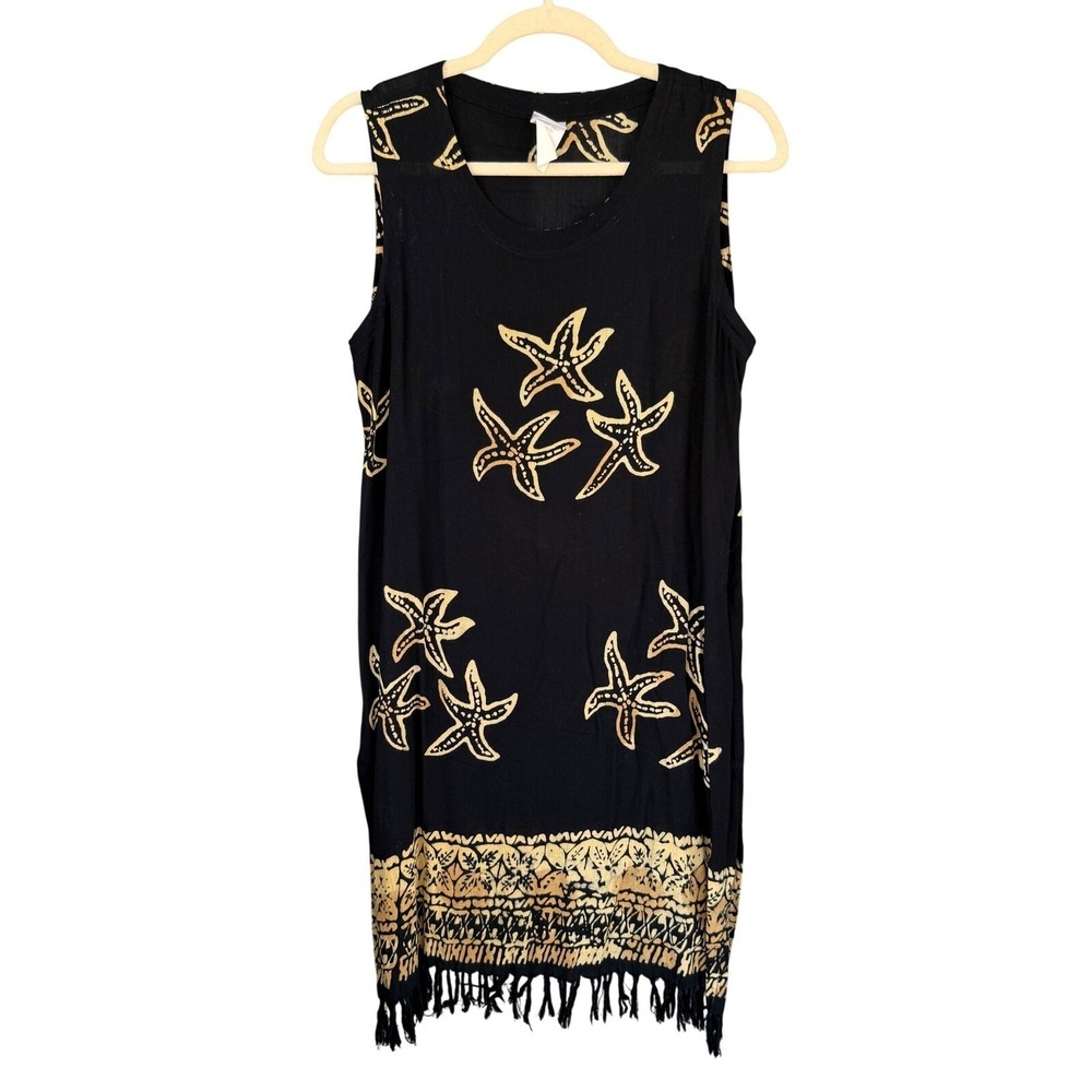T5 1990s Vintage Hi Lites Batik Summer‎ Starfish Print Fringe Tassel Dress M